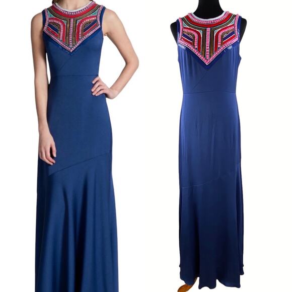 Shoshanna Midnight Sleeveless Beaded Maxi Gown Dress Size 8 Blue - Picture 1 of 11